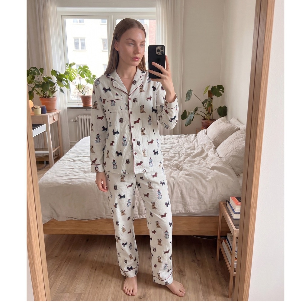 Pajamagram Womens Dog Print Pajama Set Large White Christmas Holiday Flannel